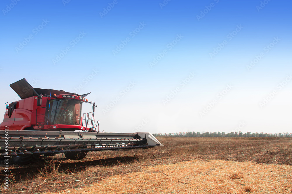 Harvester farming in the field. Harvesting machines. Field on a bright sunny day.