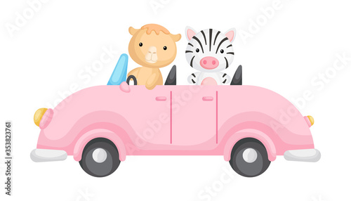 Cute camel and zebra driver on car. Graphic element for childrens book, album, scrapbook, postcard or mobile game.