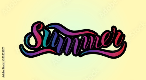 Vector illustration of a lettering summer. Poster, banner, card, invitation, clothes, bag, label, sticker. Ink calligraphy. The word is written by hands on background. Letters with a black stroke.