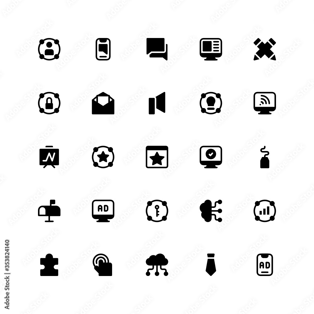 Set of digital marketing, promotion glyph style icon - vector