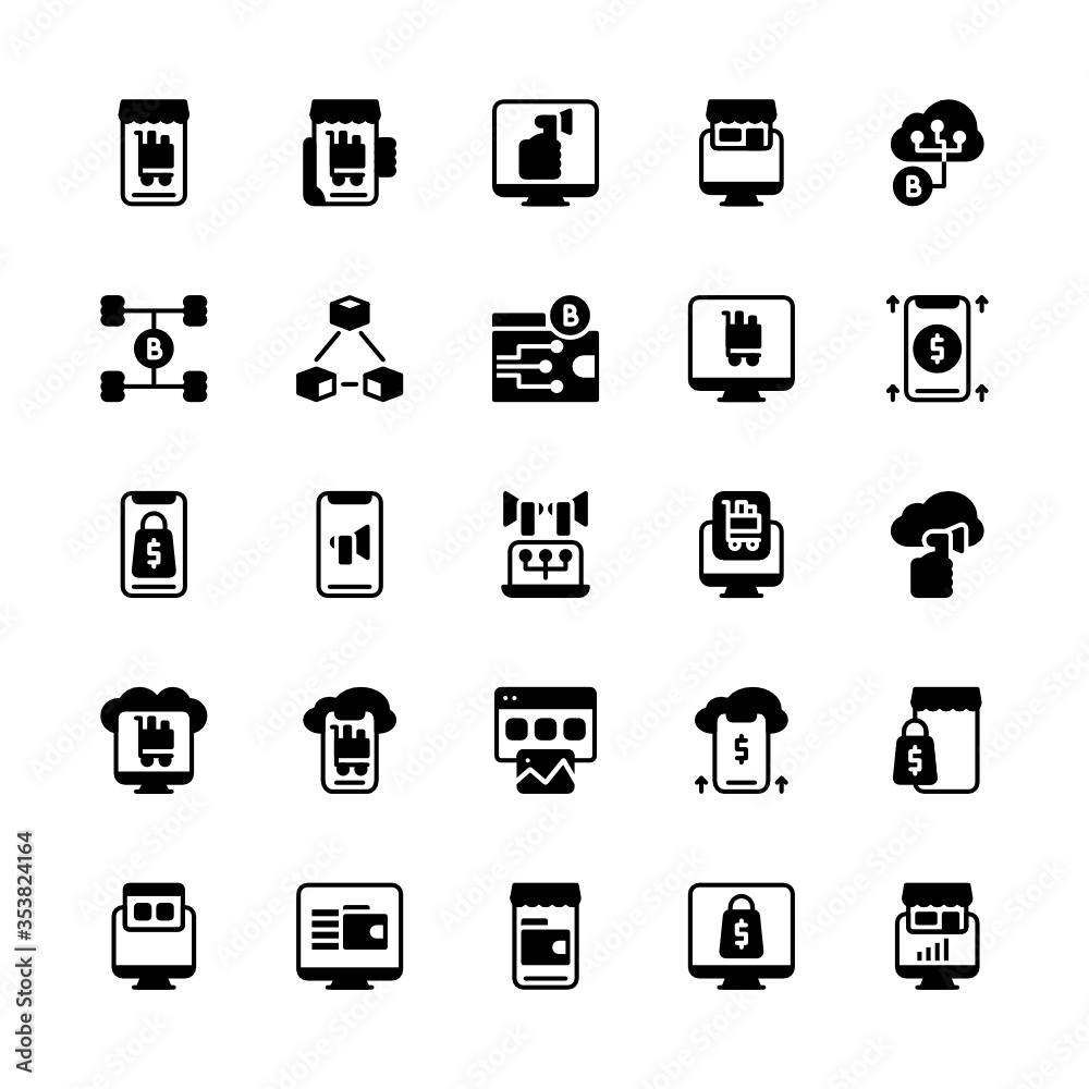 Set of digital market, campaign, marketing glyph style icon - vector
