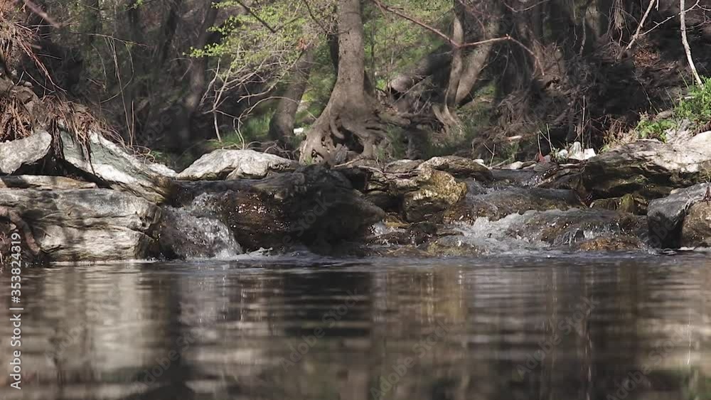 A freshwater stream with crystal clear water flows between the rocks. Close up