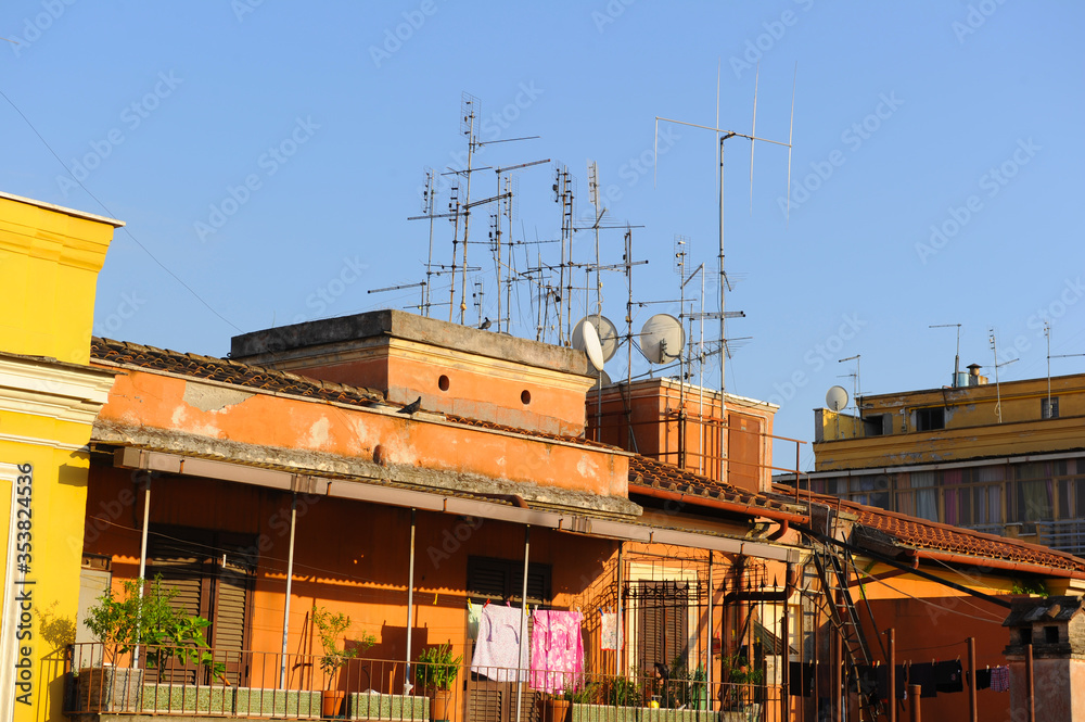 European vintage buildings with grass antennas and watch on it
