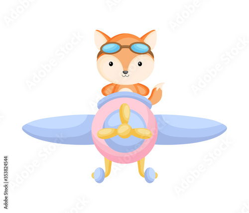 Cute fox pilot wearing aviator goggles flying an airplane. Graphic element for childrens book, album, scrapbook, postcard, mobile game.