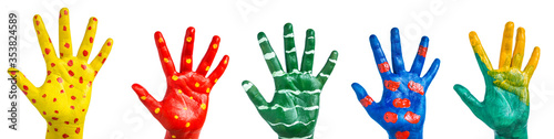 The banner is painted with bright paint the palm of your hand with different colors on a white isolated background
