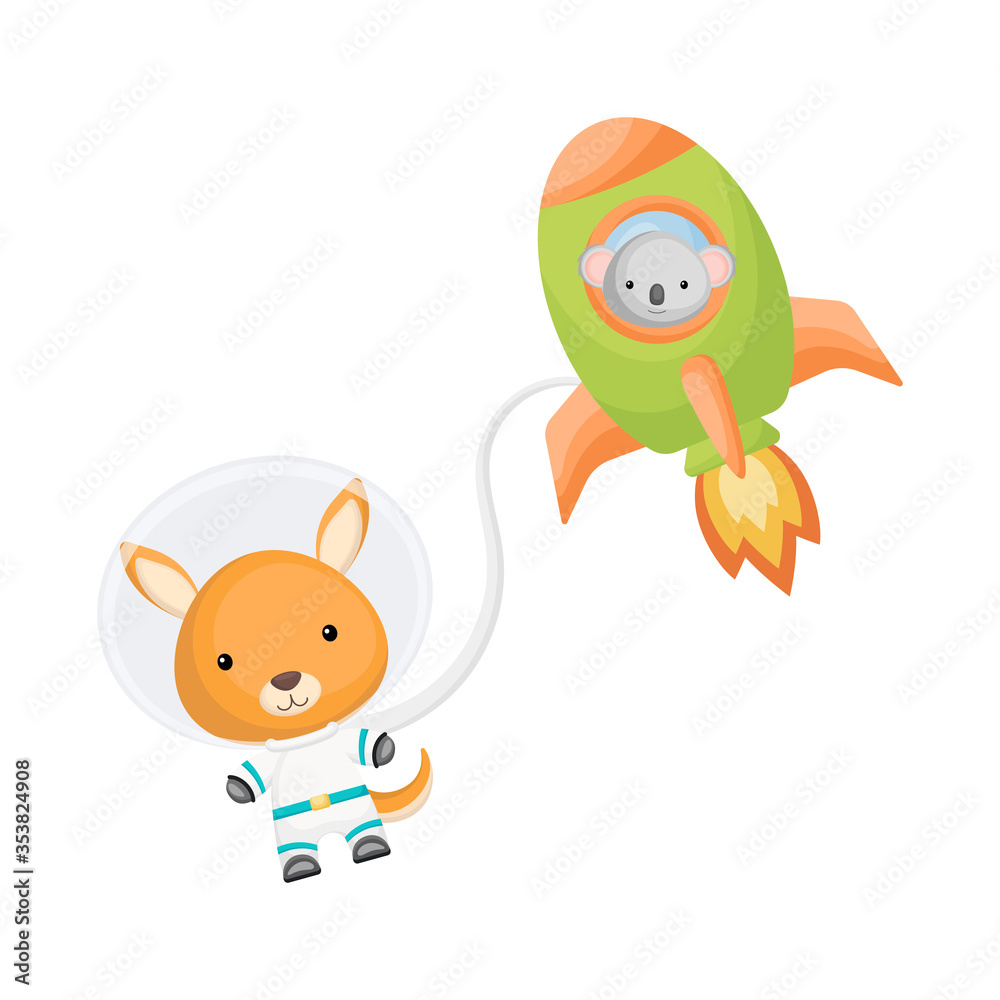 Cute kangaroo snd koala astronauts flying in rocket and open space. Graphic element for childrens book, album, postcard, invitation.
