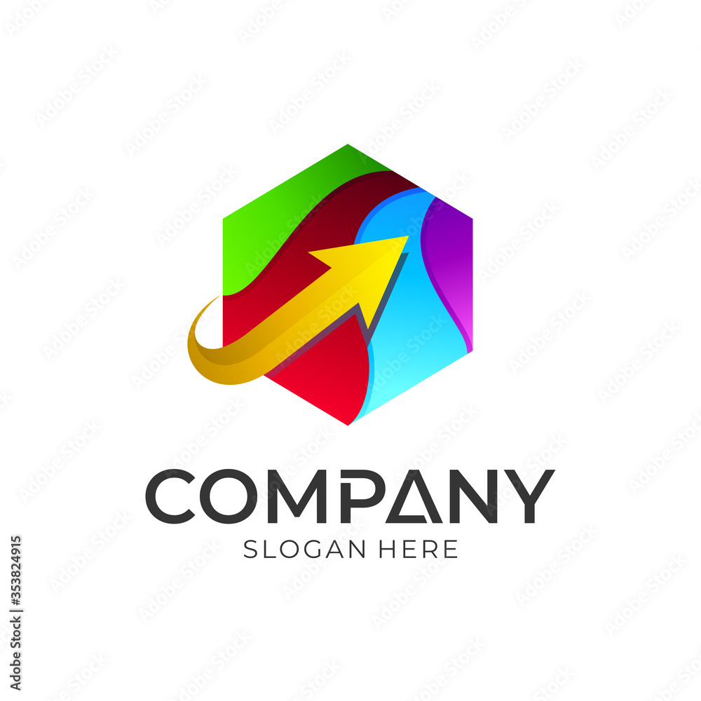 Arrow hexagon business logo design, abstract colorful logo template