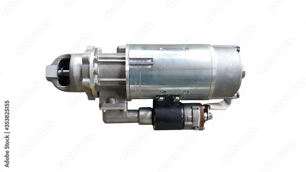 Starter for a car with solenoid isolated on white background. Spare parts. Starter for a car with solenoid isolated on white background. Spare parts.