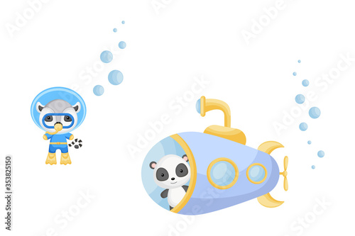 Cute cartoon panda looks out of submarine window and cute lemur in diving suit swim underwater. Design of t-shirt, album, card, invitation. © Jexy