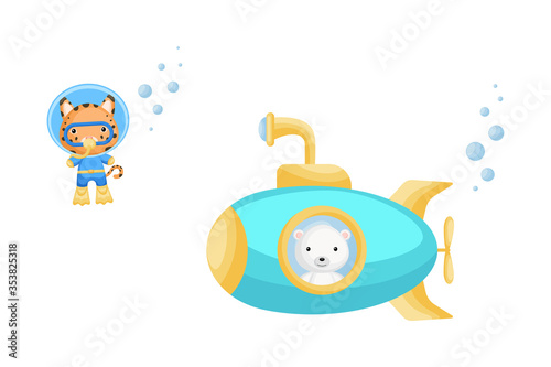 Cute cartoon polar looks out of submarine window and cute lynx in diving suit swim underwater. Design of t-shirt, album, card, invitation.