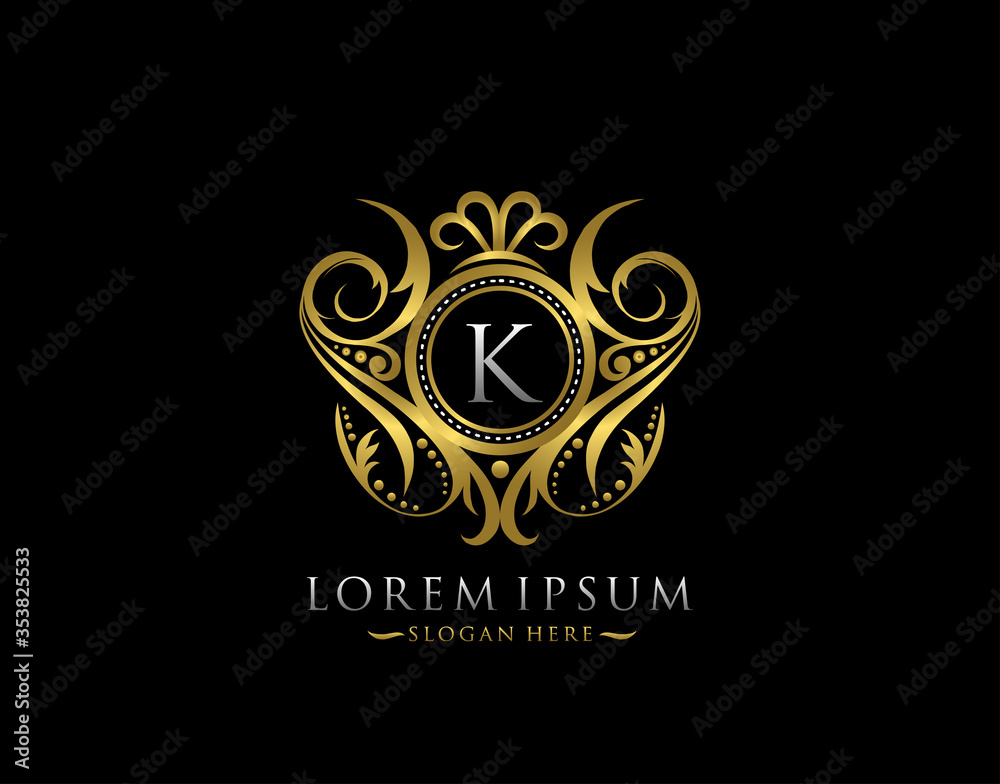 Luxury Boutique K Letter Logo. Classy Elegant gold circle badge design for Boutique, Letter Stamp, Wedding Logo,  Hotel, Heraldic, Jewelry.