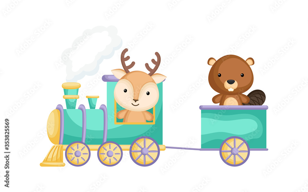 Cute deer and beaver ride on train. Graphic element for childrens book, album, scrapbook, postcard or mobile game. Zoo theme. Cute deer and beaver ride on train. Graphic element for childrens book, album, scrapbook, postcard or mobile game. Zoo theme.