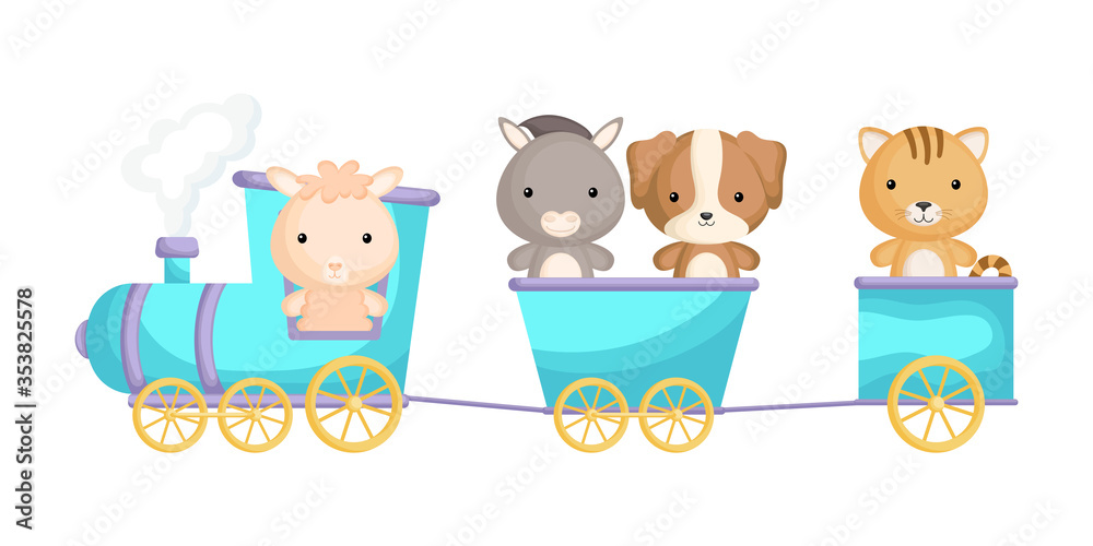 Alpaca, donkey, dog and cat ride on train. Graphic element for childrens book, album, scrapbook, postcard or mobile game. Zoo theme. Alpaca, donkey, dog and cat ride on train. Graphic element for childrens book, album, scrapbook, postcard or mobile game. Zoo theme.
