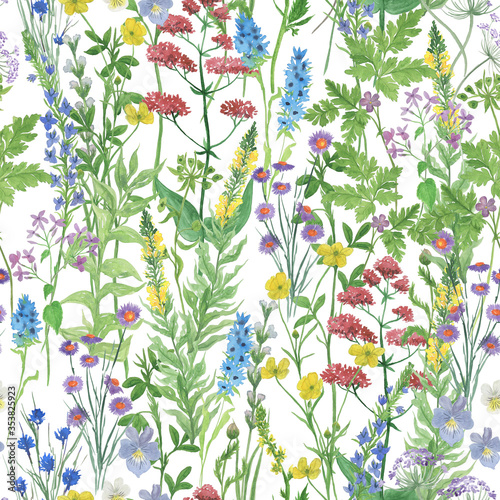 Wallpaper Mural Watercolor painting seamless pattern with wildflowers on white background. Torontodigital.ca