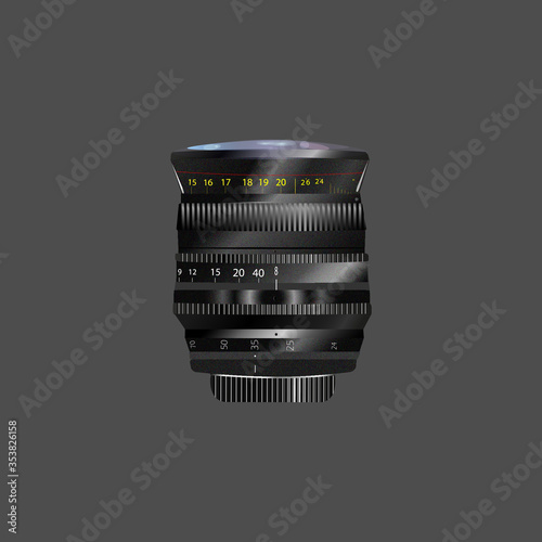 photo lens on a gray background, with highlights and a matte base