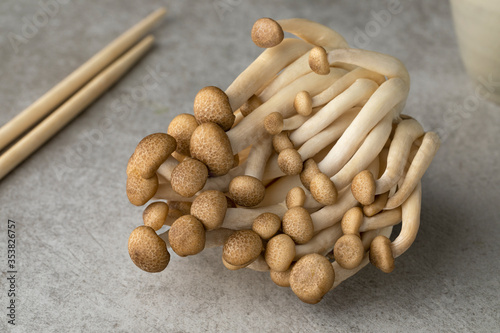 Fresh brow shimeji mushrooms close up photo