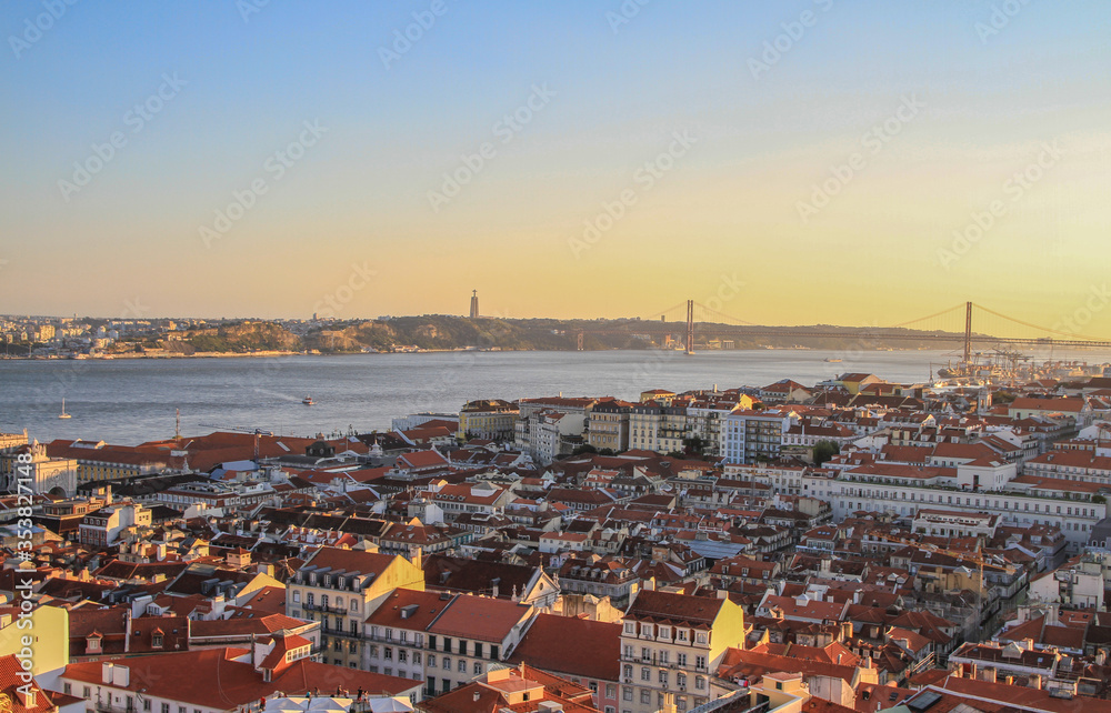 Lisbon at sunset with Tagus river (Tajo)