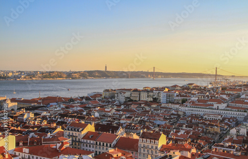 Lisbon at sunset with Tagus river (Tajo)