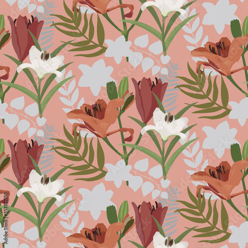 Vector seamless pattern background with foliage and flowers.
