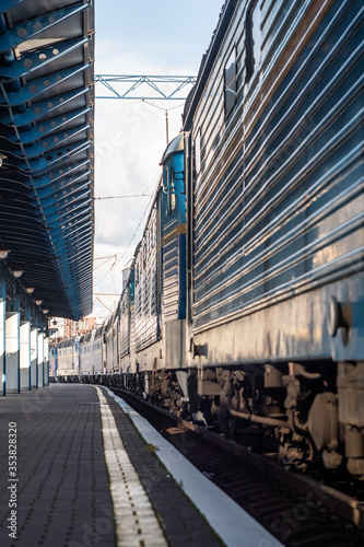Old blue electric AC locomotives stand of company Skoda on closed Kyiv central railway station.