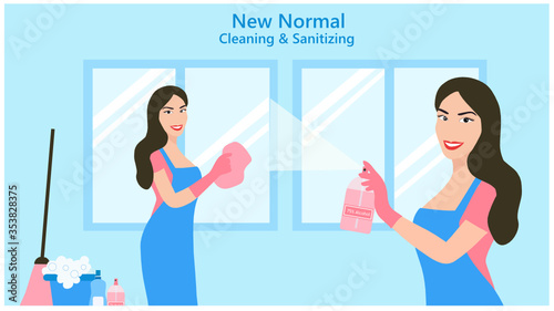 New normal cleaning and sanitizing concept, woman cleaning house and using 75% alcohol spray to protect covid-19 coronavirus vector illustration. COVID-19 coronavirus prevention concept