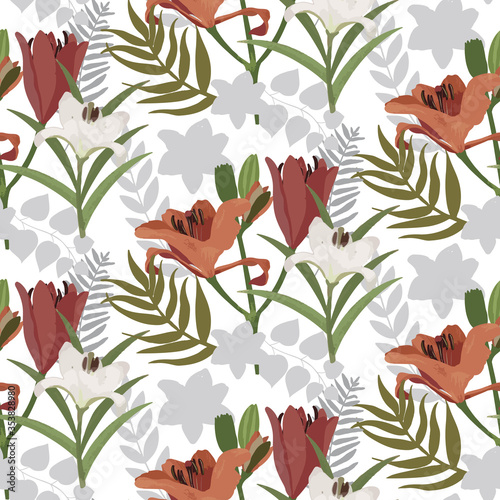 Vector seamless pattern background with foliage and flowers.