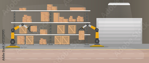 Production warehouse with boxes and pallets. Robotic arm works in a warehouse. Robot arm lifts boxes.