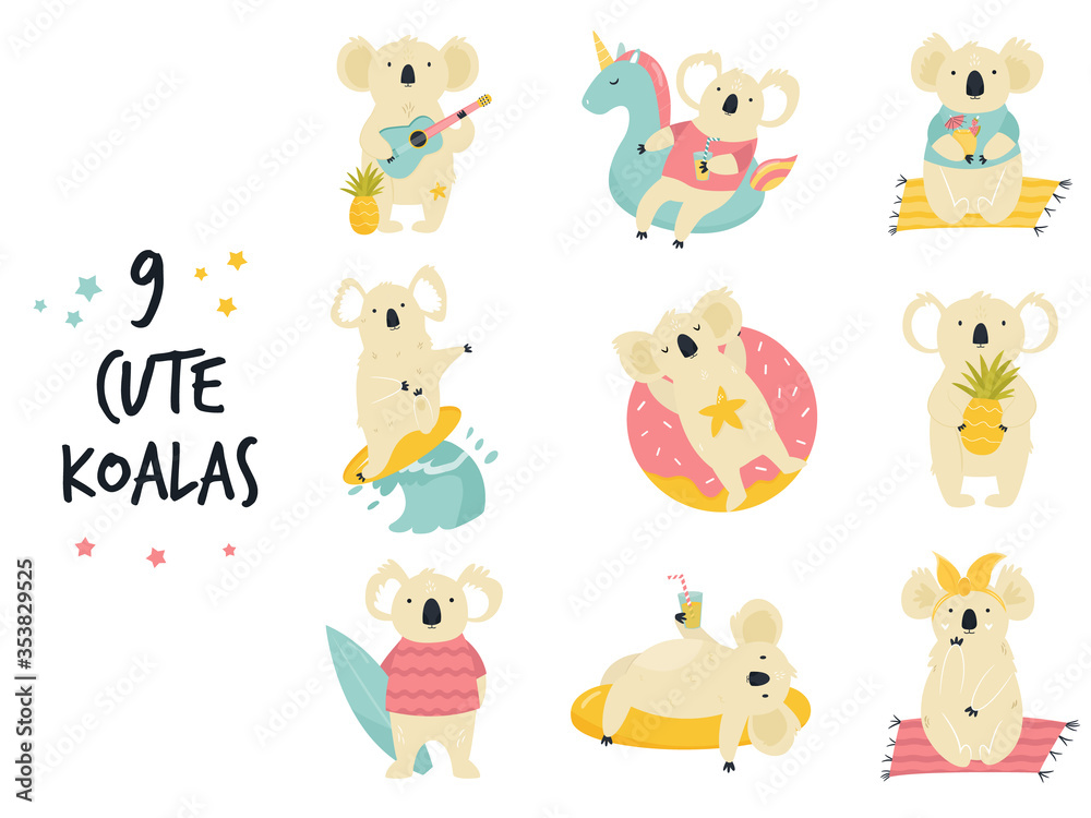 Set of cute funny koalas in relaxing mood.