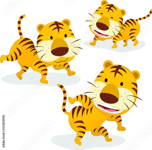 Three tigers. Three funny cartoon tigers isolated on white background.
