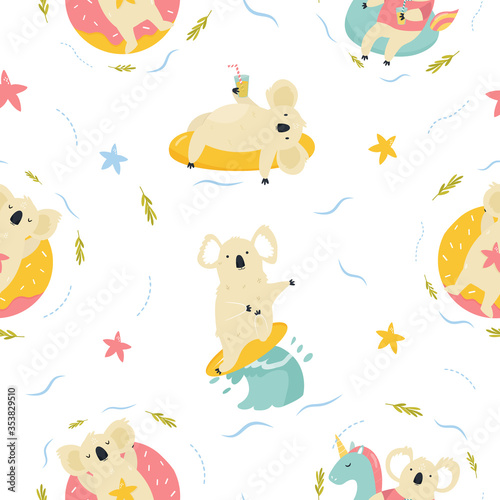 Colorful seamless pattern with cute funny koalas