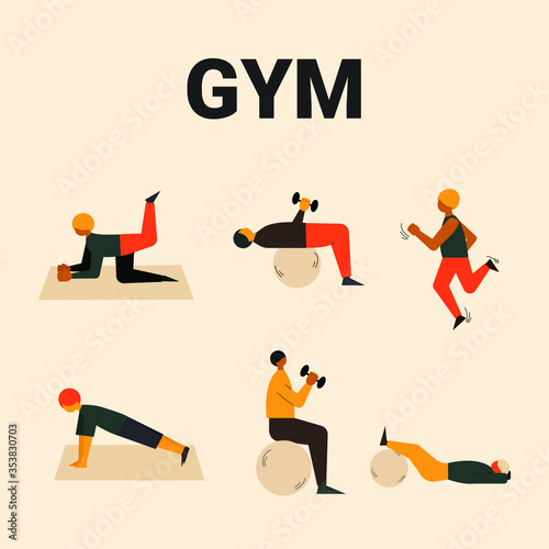 Set of people doing sports and workouts. Working out concept. Sports activities concept. Healthy active lifestyle.  People doing exercises and sports. People doing sports activities. Workouts sets.