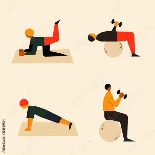 Set of a men exercising with dumbbells. Set of people doing exercises and sports. Fitness training conept. Lose weight concept. Gym workouts concept. Healthy lifestyle. Cardio and stretching exercises