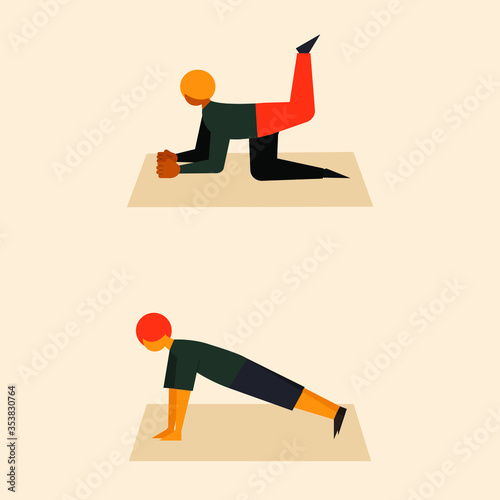 Two young men doing sports and workouts. Gym workouts and traning. Stretching and cardio concept. Active healty lifestyle vector flat style eps 10