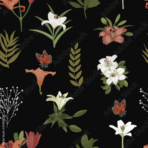 Vector seamless pattern background with foliage and flowers.
