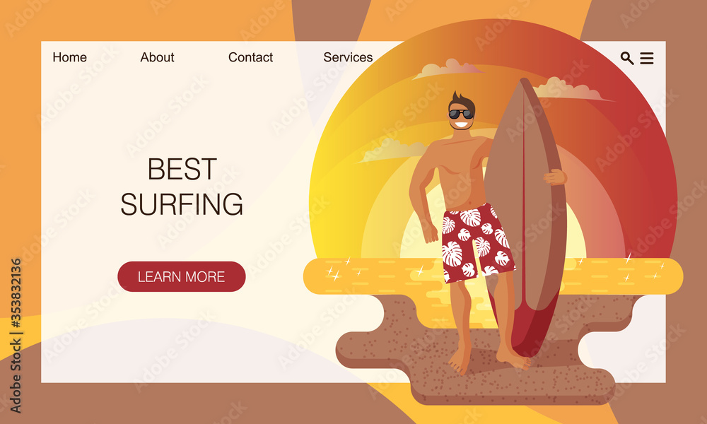 Sea and sandy beach on sunset. Happy male surfer in red shorts is holding surfboard. Summertime sport and activities. Flat cartoon vector illustration. Concept of touristic website landing page design Sea and sandy beach on sunset. Happy male surfer in red shorts is holding surfboard. Summertime sport and activities. Flat cartoon vector illustration. Concept of touristic website landing page design