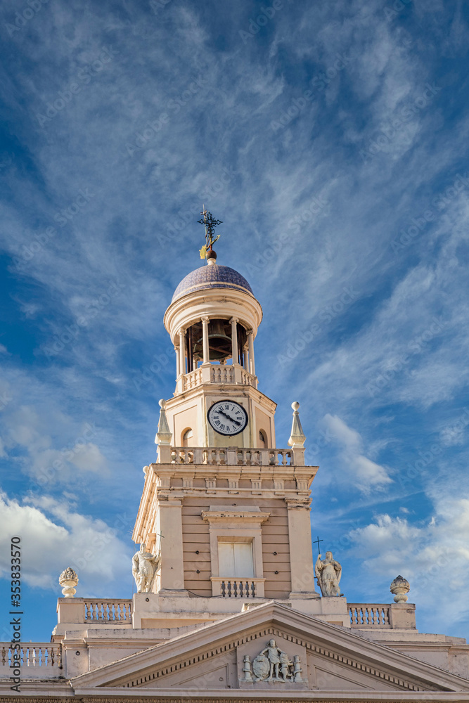 Clock and Bell Tower on Cadiz Church under Blue Sky