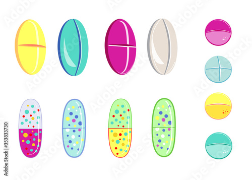 Vector set of pills and capsules in differnt colors. Medical drag and vitamins