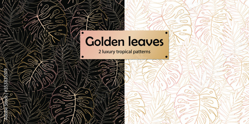 Golden outlined tropical leaves on black and white background. Vector illustration seamless pattern set for fashion fabric, wrapping paper of wallpaper design .