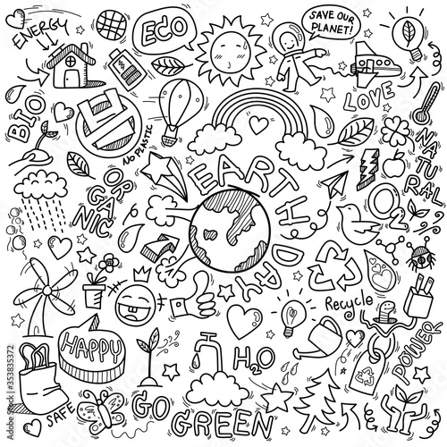 hand drawn of Earth day, Ecology , go green, clean power doodle set isolated on white background, doodles sketch illustration vector