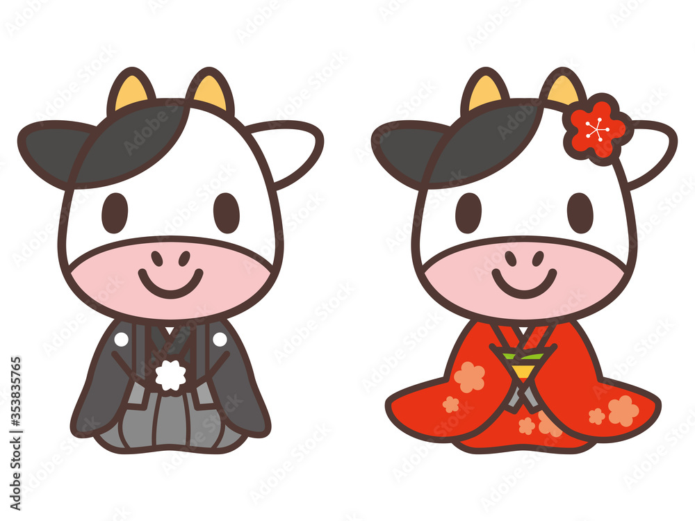 Obraz premium 着物の牛のキャラクター02 正座-Kimono cow character vector illustration 