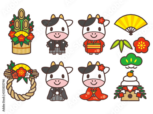 牛のキャラクターと正月飾りセット-Kimono cow character & Japanese new year decoration
