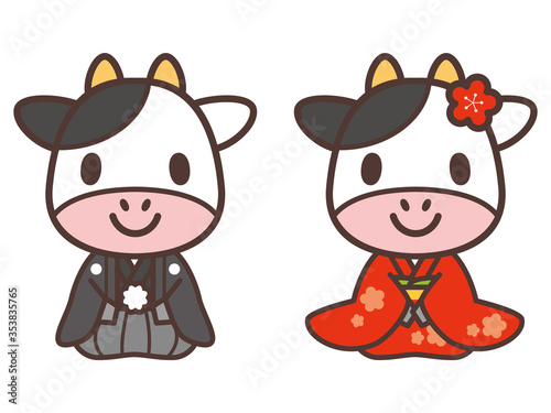 着物の牛のキャラクター02 正座-Kimono cow character vector illustration
