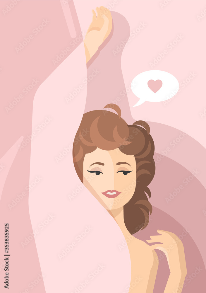 A beautiful woman woke up in the morning and stretches. Great mood for a new day. Pink bed sheet. Vector colorful flat illustration.