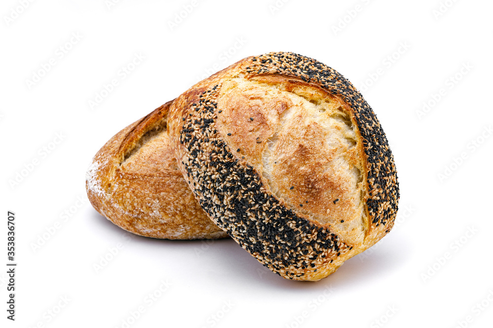 Crusty loaf of sourdough bread on white background. Artisan bread or traditional rustic bread isolated on white background. Crusty loaf of sourdough bread on white background. Artisan bread or traditional rustic bread isolated on white background.