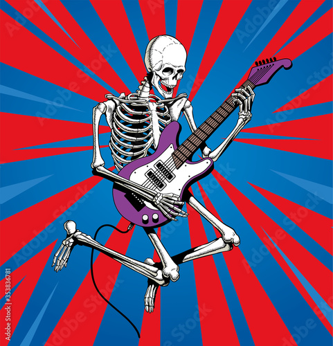 Skeleton rock guitar player jumps. Vector illustration.