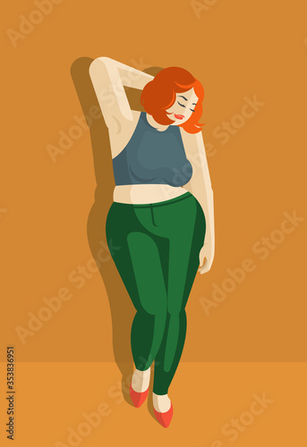 A beautiful plump girl with red hair is standing against the wall. Dressed in a tight topic and jeans. Very cute and flirty. Vector flat illustration.