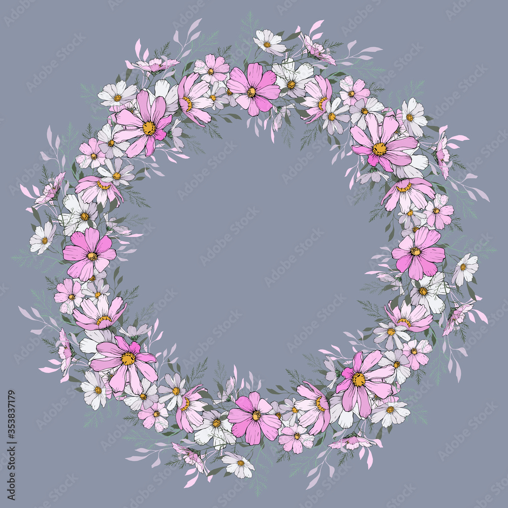 Wreath of light pink and white flowers. Round frame with cosmos flower on gray background. Design for your wedding, birthday, saving the date card. For greeting card decoration. Vector. 