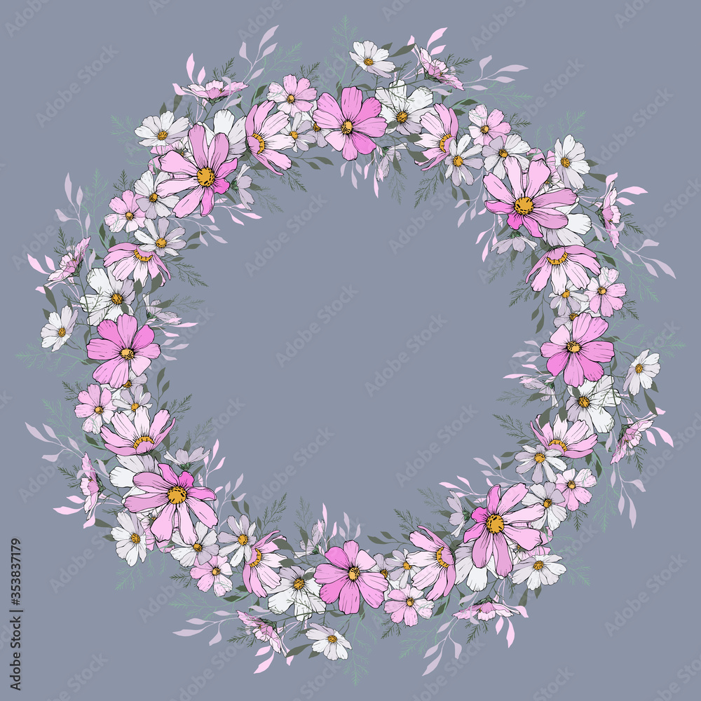 Obraz premium Wreath of light pink and white flowers. Round frame with cosmos flower on gray background. Design for your wedding, birthday, saving the date card. For greeting card decoration. Vector. 
