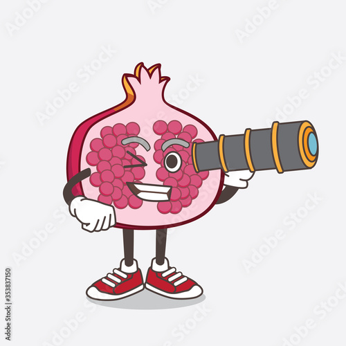 Pomegranate Fruit cartoon mascot character using a monocular