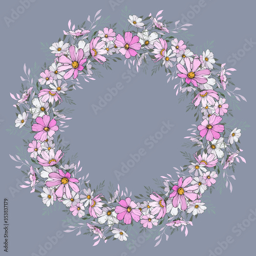 Wreath of light pink and white flowers. Round frame with cosmos flower on gray background. Design for your wedding, birthday, saving the date card. For greeting card decoration. Vector. 